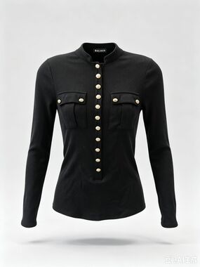 Balmain Black Long-Sleeve Military Button Top